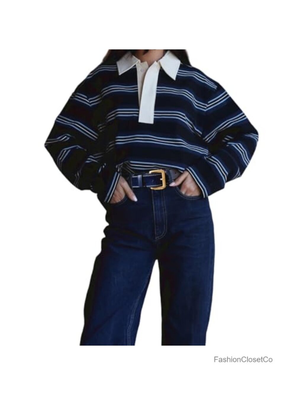 Women's Striped Long Sleeve Polo V-Neck Rugby Shirt Oversized Color Block